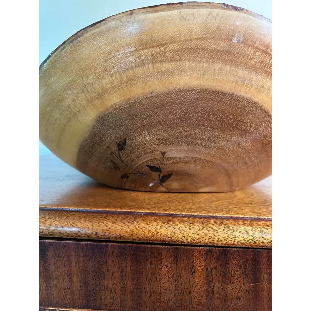 Vintage Olive Wood Look Live Edge Decorative Bowl with Burnt Floral Design